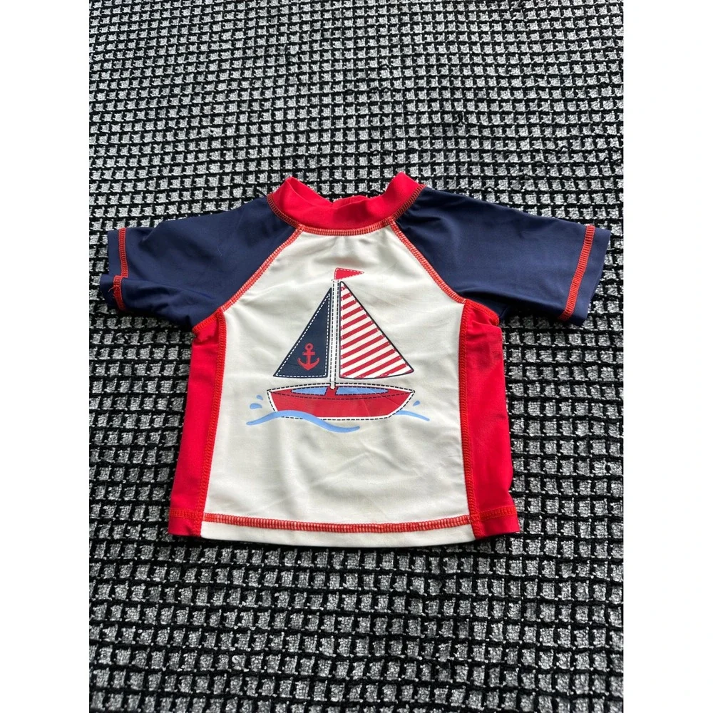 Little Me Rash Guard Swim Top Baby Boy 6-9M Red Navy White Excellent Sailboat